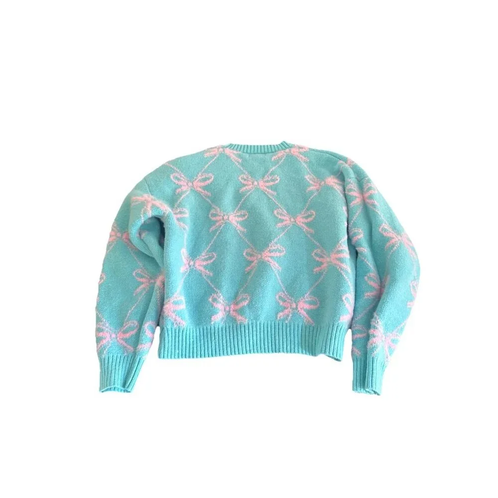&merci Diamond Ribbon Bow Pattern Knit Sweater in Teal Pink Large - Picture 4 of 4